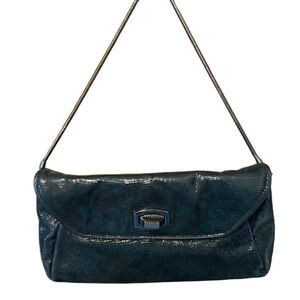 Ann Taylor Black Leather Evening Clutch with Metal Chain Strap